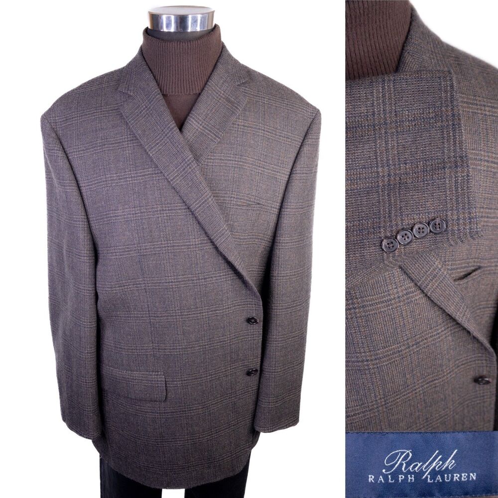 Ralph Lauren Plaid Sport Coat Blazer Size 52R Two Button Tweed Wool Jacket EUC
